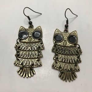 Owl Earrings Dangle Gold With Black Eyes